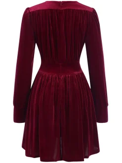 Discount Retro Stage 1940s Solid V-Neck Velvet Party Dress Wine Red
