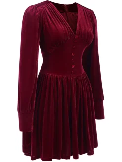 Discount Retro Stage 1940s Solid V-Neck Velvet Party Dress Wine Red