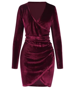Best Retro Stage 1960s Solid V-Neck Wrap Dress Wine Red