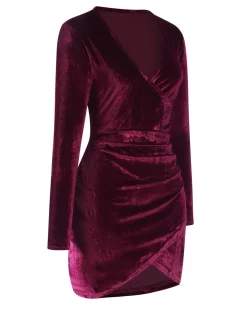 Best Retro Stage 1960s Solid V-Neck Wrap Dress Wine Red