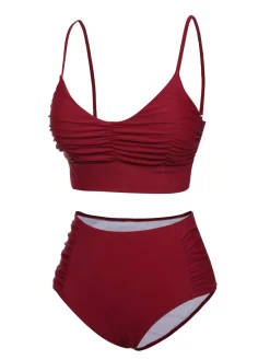 Discount Retro Stage 1930s Solid Wrinkle Swimsuit Wine Red