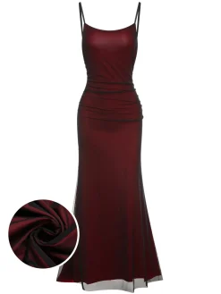 Fashion Retro Stage 1930s Spaghetti Straps Double Layer Mesh Dress Wine Red