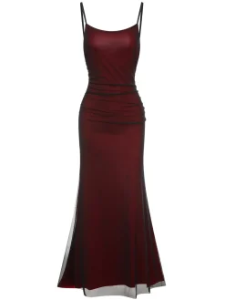 Fashion Retro Stage 1930s Spaghetti Straps Double Layer Mesh Dress Wine Red
