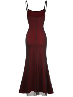 Fashion Retro Stage 1930s Spaghetti Straps Double Layer Mesh Dress Wine Red