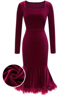 New Retro Stage 1930s Squared Neck Velvet Mermaid Dress Wine Red