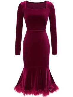 New Retro Stage 1930s Squared Neck Velvet Mermaid Dress Wine Red