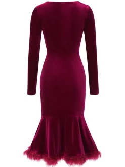 New Retro Stage 1930s Squared Neck Velvet Mermaid Dress Wine Red