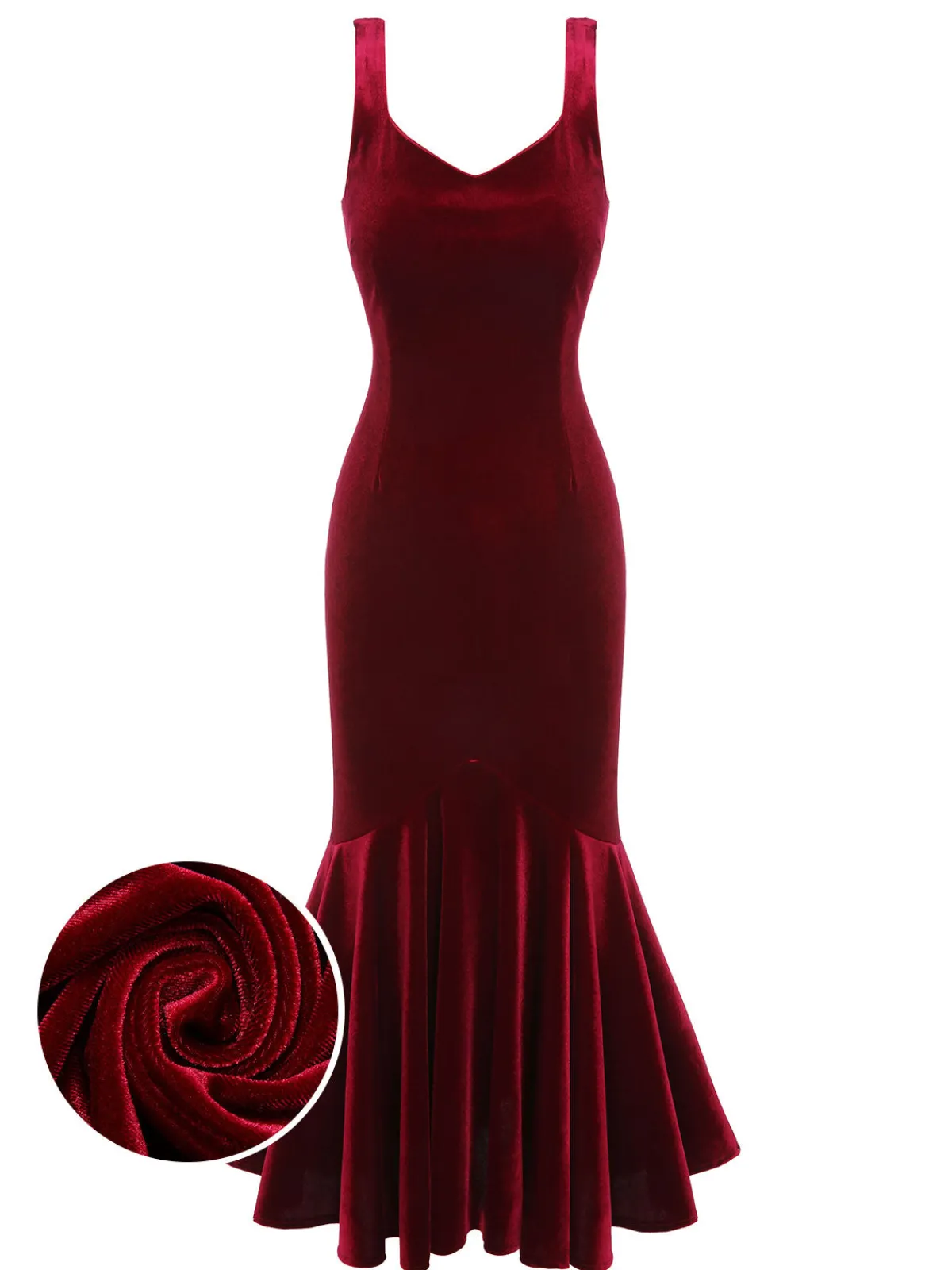 Sale Retro Stage 1930s Strap Velvet Mermaid Dress Wine Red