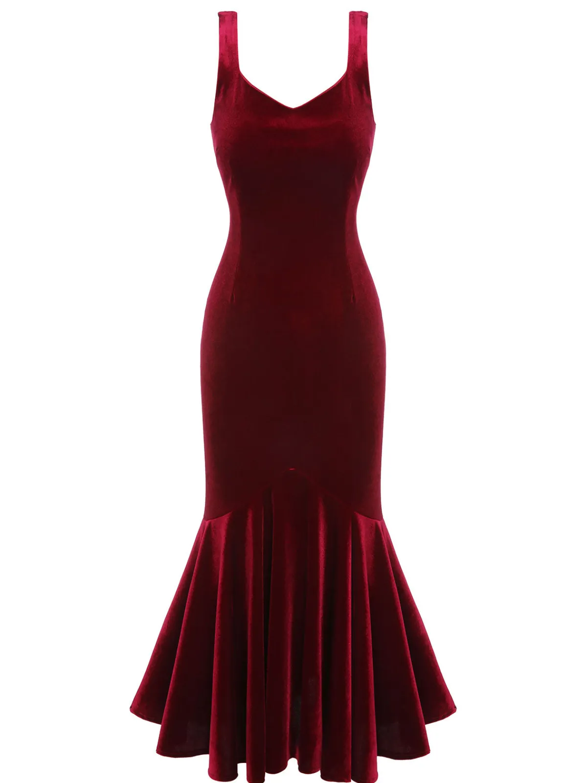 Sale Retro Stage 1930s Strap Velvet Mermaid Dress Wine Red