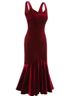 Sale Retro Stage 1930s Strap Velvet Mermaid Dress Wine Red