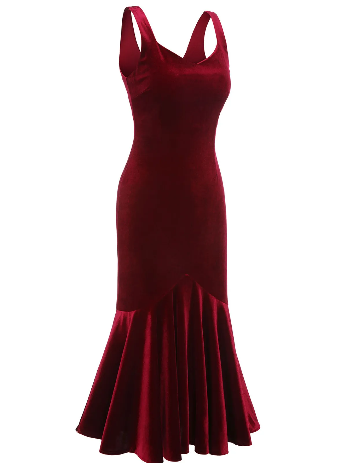 Sale Retro Stage 1930s Strap Velvet Mermaid Dress Wine Red