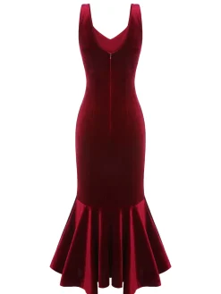 Sale Retro Stage 1930s Strap Velvet Mermaid Dress Wine Red