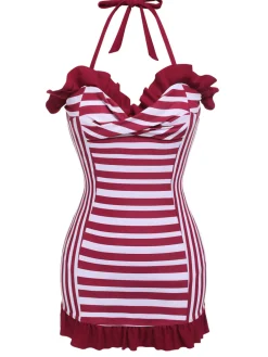New Retro Stage 1950s Stripe Heart Collar Swimsuit Wine Red