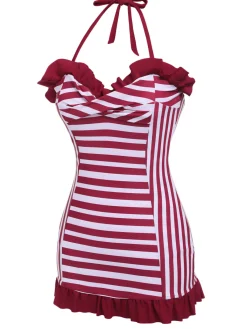 New Retro Stage 1950s Stripe Heart Collar Swimsuit Wine Red