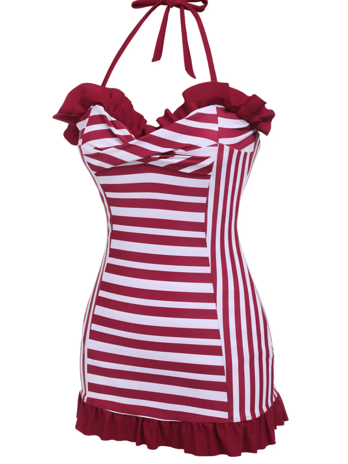 New Retro Stage 1950s Stripe Heart Collar Swimsuit Wine Red
