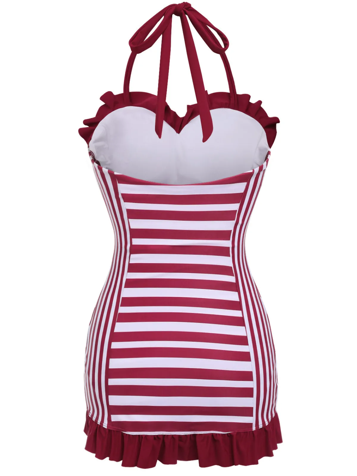 New Retro Stage 1950s Stripe Heart Collar Swimsuit Wine Red