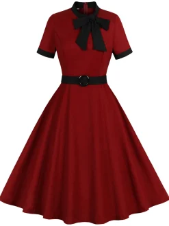 Outlet Retro Stage 1950s Tie Neck Contrast Patchwork Dress Wine Red