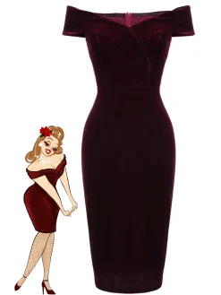Hot Retro Stage Wine Red 1960s Velvet Bodycon Vintage Dress