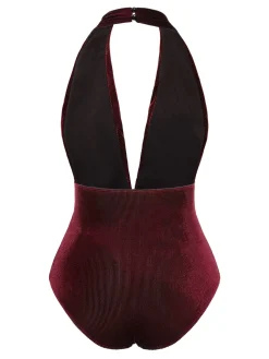 Outlet Retro Stage Wine Red 1970s Velvet Deep V-Neck Swimsuit