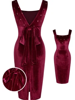 Online Retro Stage 1960s Velvet Elk Bow Dress Wine Red