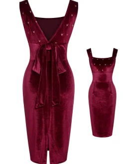 Online Retro Stage 1960s Velvet Elk Bow Dress Wine Red