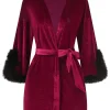 Hot Retro Stage Wine Red 1960s Velvet Fur Lace-Up Sleepwear