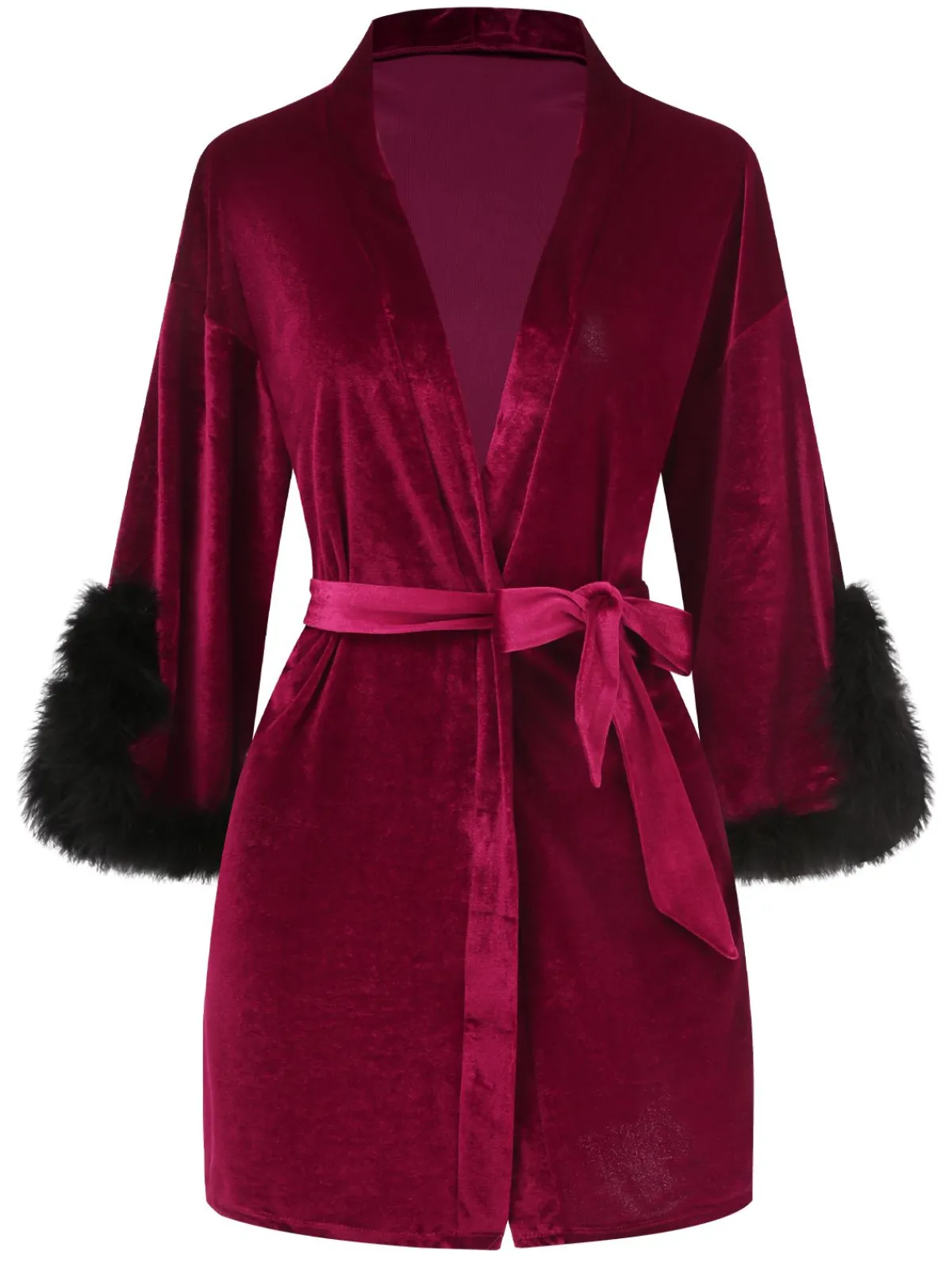 Hot Retro Stage Wine Red 1960s Velvet Fur Lace-Up Sleepwear