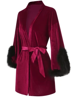 Hot Retro Stage Wine Red 1960s Velvet Fur Lace-Up Sleepwear