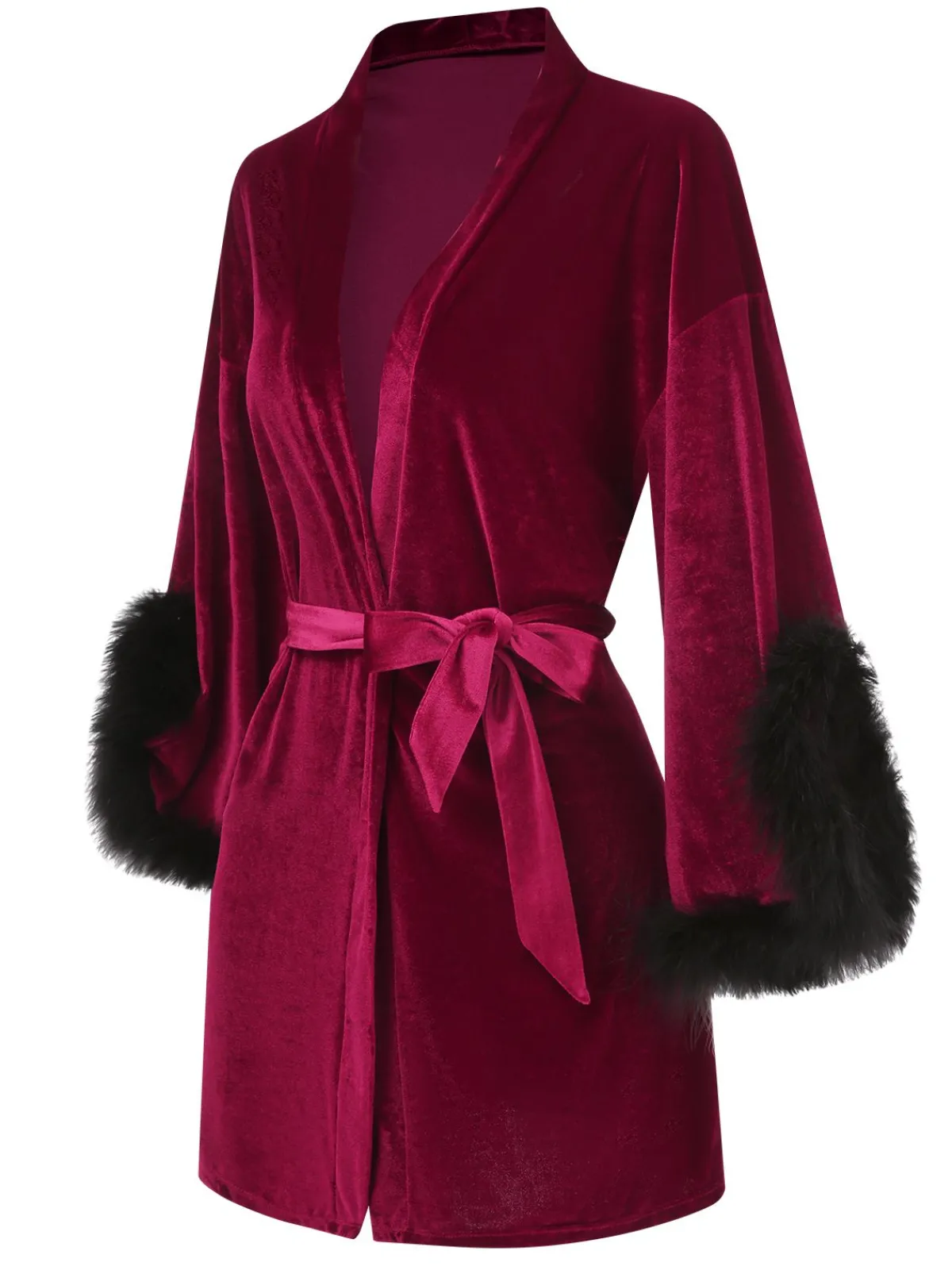 Hot Retro Stage Wine Red 1960s Velvet Fur Lace-Up Sleepwear