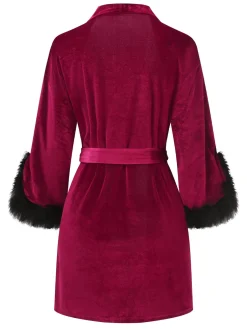 Hot Retro Stage Wine Red 1960s Velvet Fur Lace-Up Sleepwear