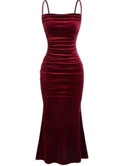 Clearance Retro Stage 1930s Velvet Spaghetti Straps Mermaid Dress Wine Red