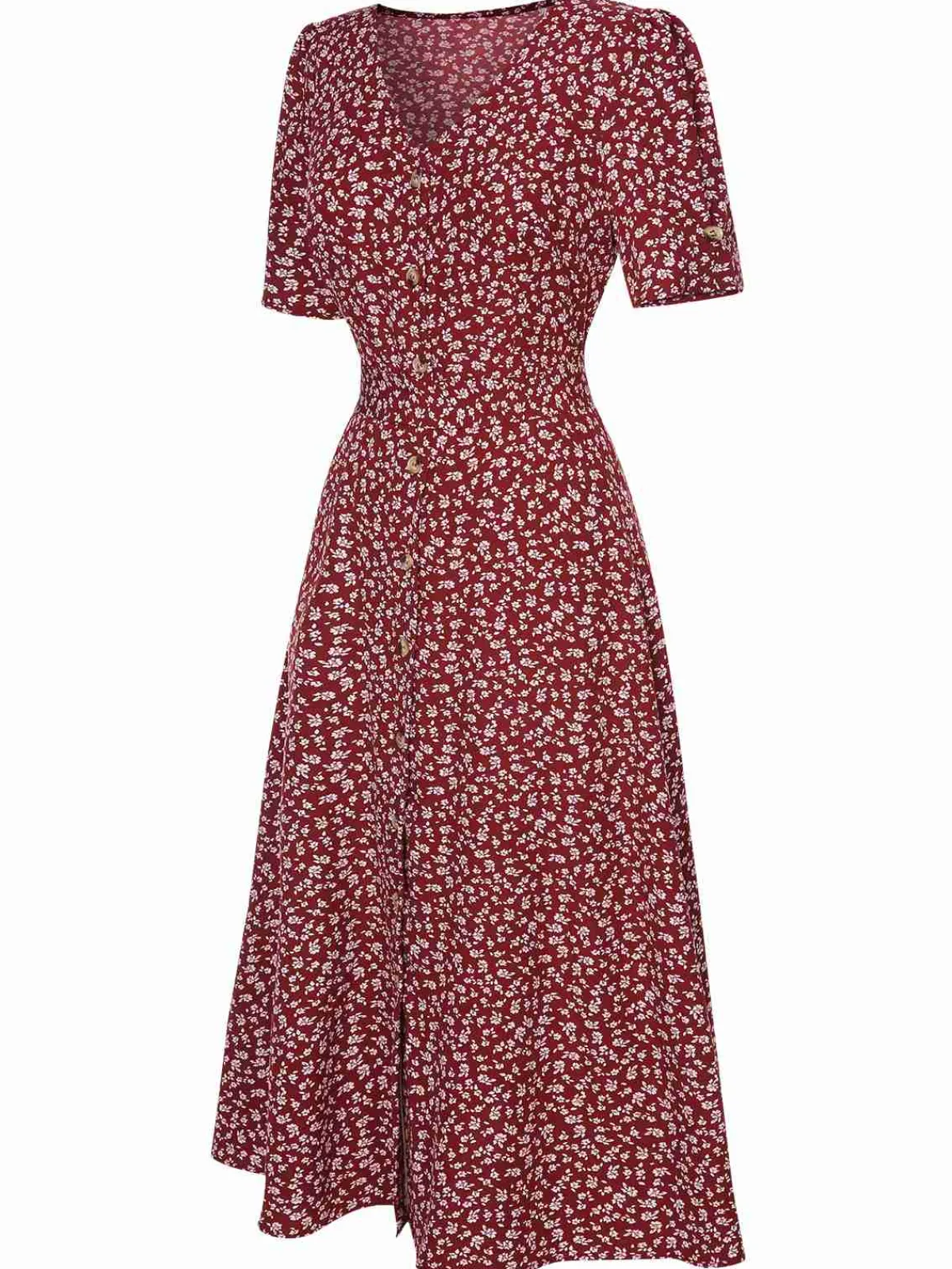 Online Retro Stage 1940s V-Neck Ditsy Floral Dress Wine Red