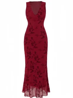Clearance Retro Stage 1930s V-Neck Floral Mesh Dress Wine Red