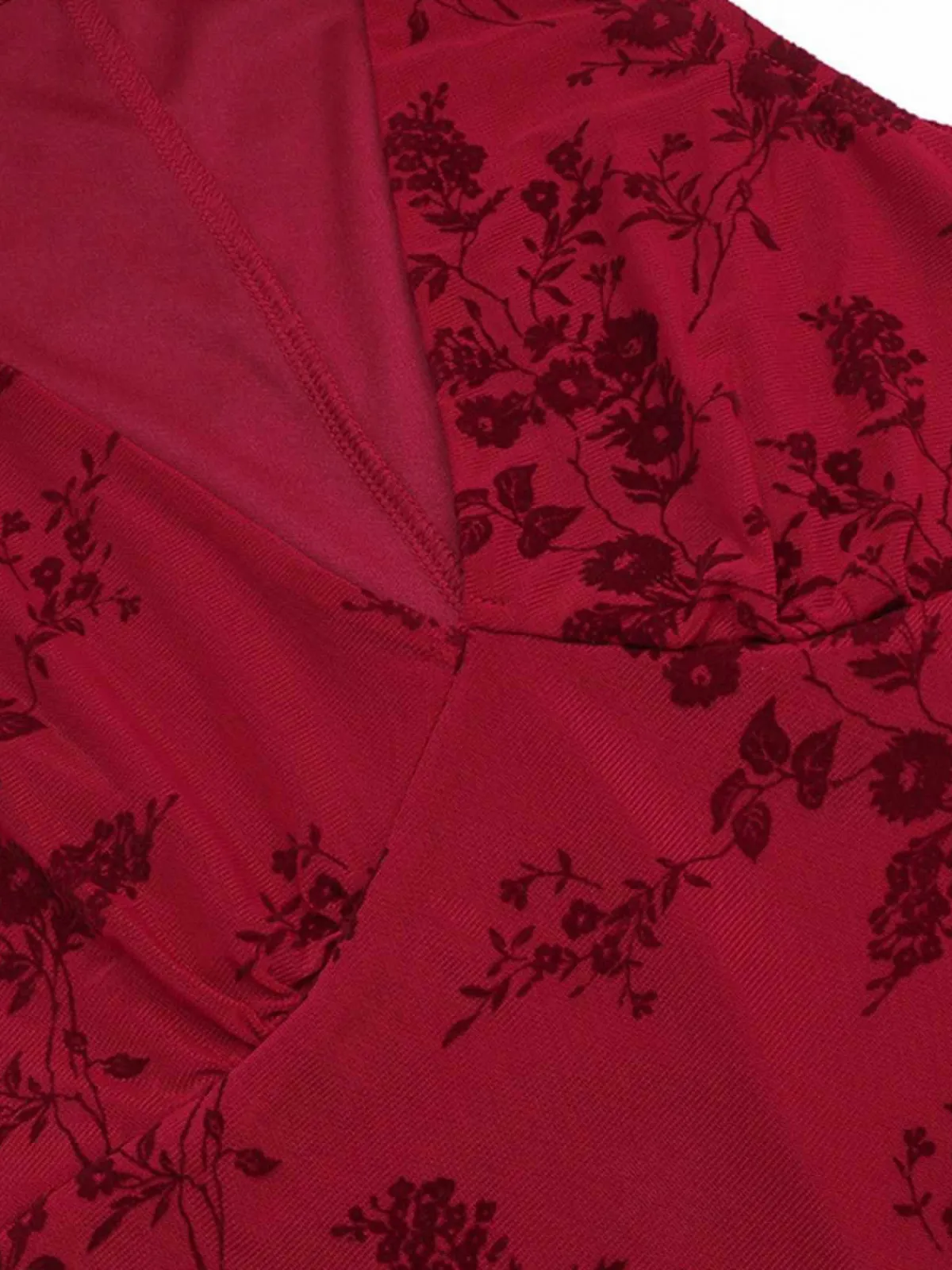 Clearance Retro Stage 1930s V-Neck Floral Mesh Dress Wine Red