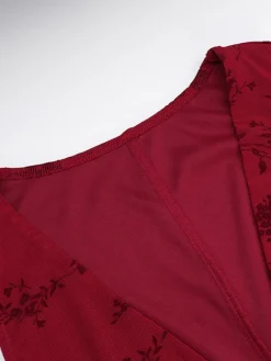 Clearance Retro Stage 1930s V-Neck Floral Mesh Dress Wine Red