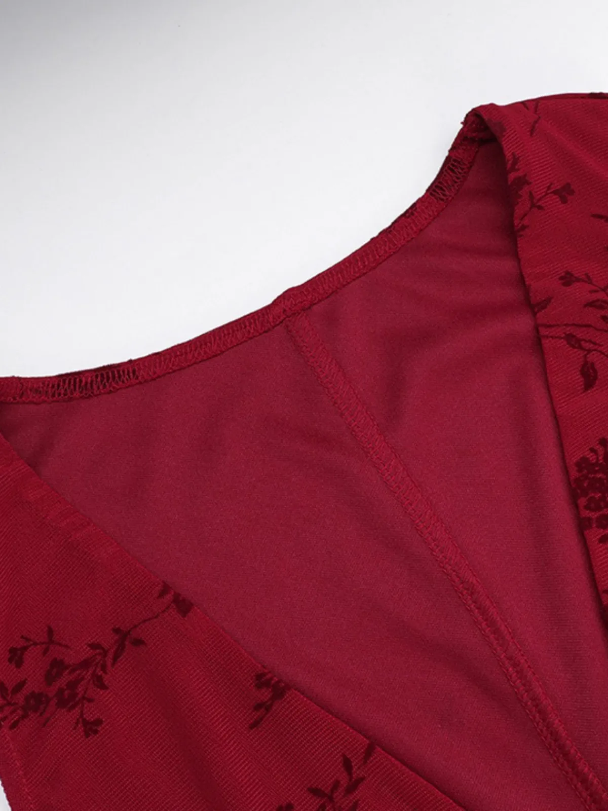 Clearance Retro Stage 1930s V-Neck Floral Mesh Dress Wine Red