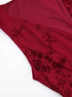 Clearance Retro Stage 1930s V-Neck Floral Mesh Dress Wine Red