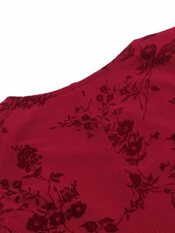 Clearance Retro Stage 1930s V-Neck Floral Mesh Dress Wine Red