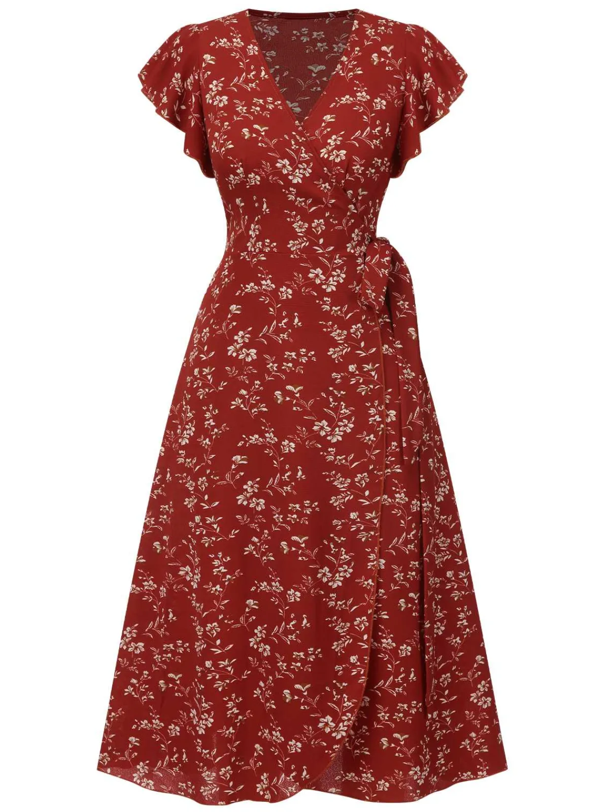 Online Retro Stage 1940s V-Neck Floral Slit Dress Wine Red