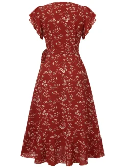 Online Retro Stage 1940s V-Neck Floral Slit Dress Wine Red
