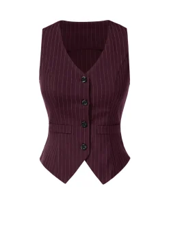 Fashion Retro Stage Wine Red 1960s V-Neck Pinstripes Sleeveless Top