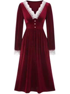 New Retro Stage 1940s V-Neck Velvet Lace Dress Wine Red