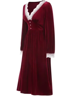 New Retro Stage 1940s V-Neck Velvet Lace Dress Wine Red
