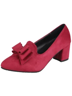 Sale Retro Stage Solid Bowknot Flannelette Heels Wine Red