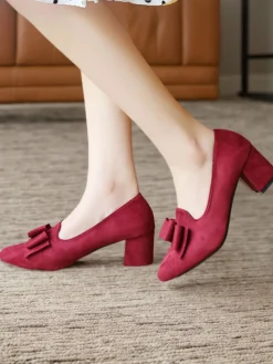 Sale Retro Stage Solid Bowknot Flannelette Heels Wine Red