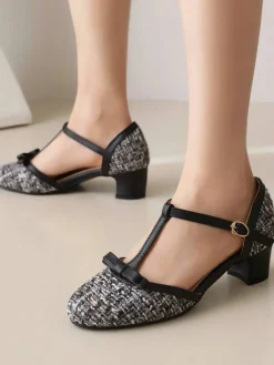 Online Retro Stage Woolen Buckle Heels Mary Jane Shoes