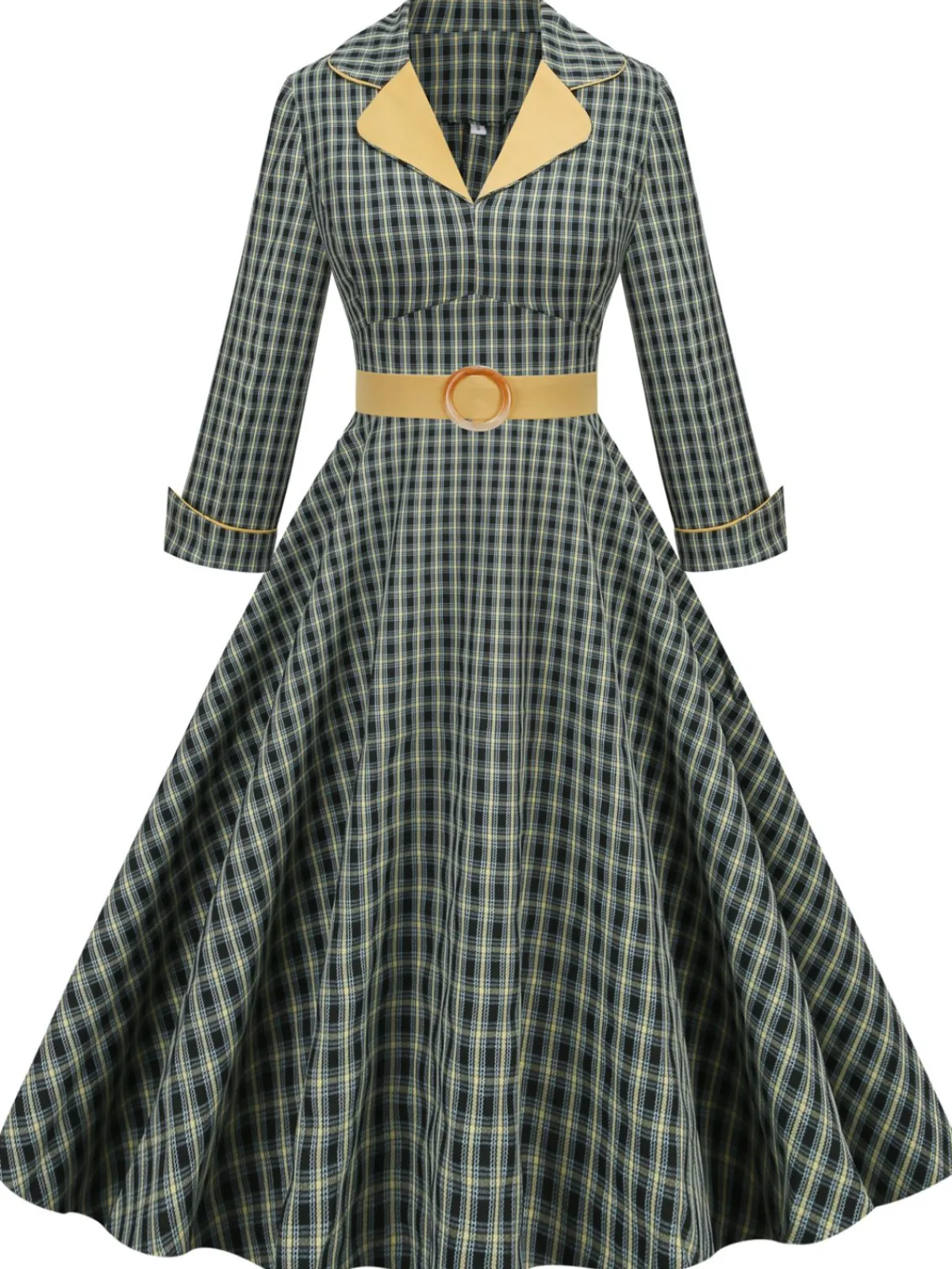 Outlet Retro Stage 1950s Plaid Lapel Belt Swing Dress Yellow & Black