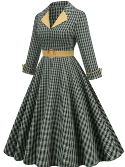 Outlet Retro Stage 1950s Plaid Lapel Belt Swing Dress Yellow & Black