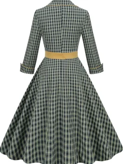 Outlet Retro Stage 1950s Plaid Lapel Belt Swing Dress Yellow & Black