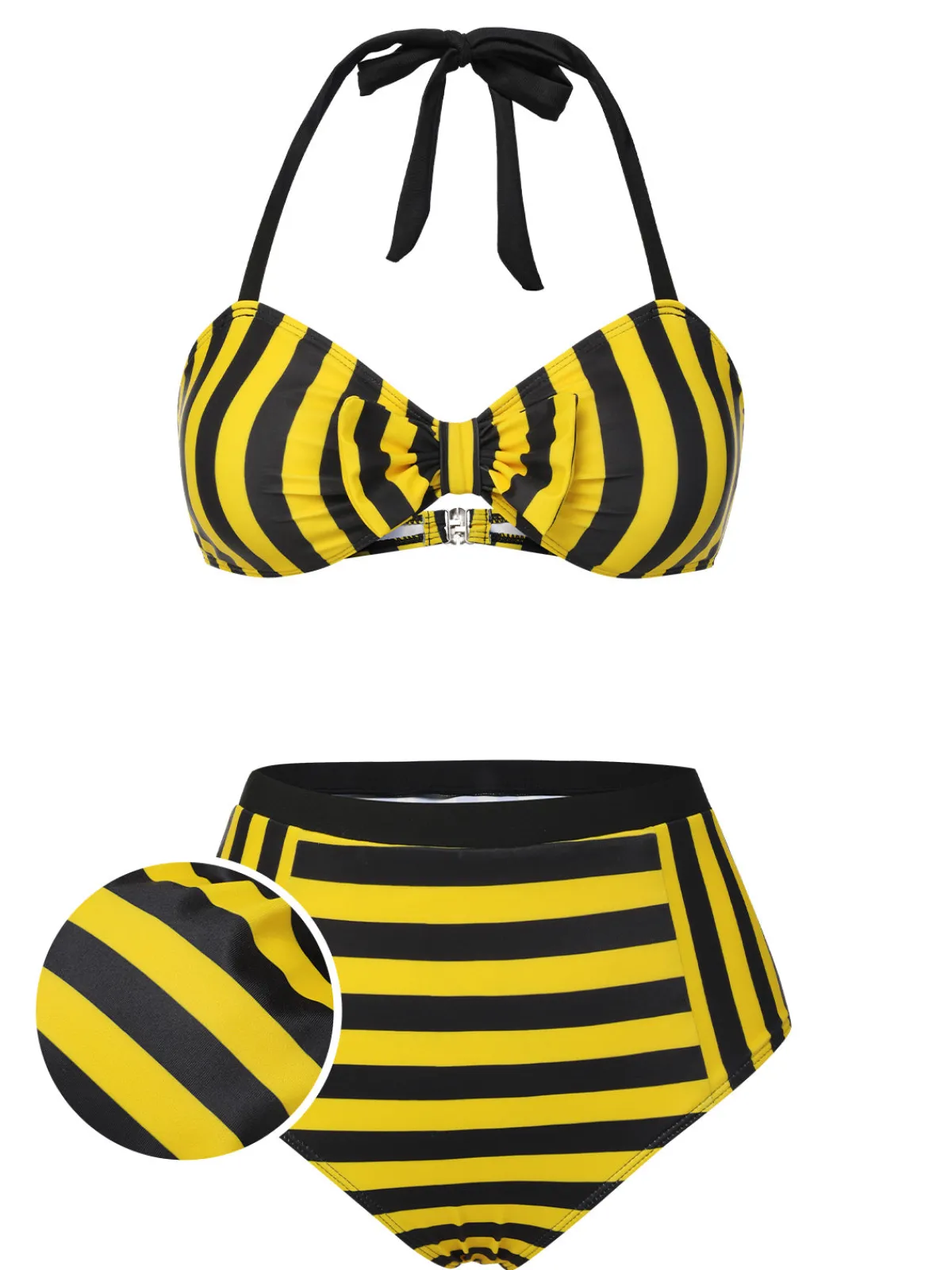 Clearance Retro Stage & Black 1970s Striped Bow Halter Swimsuit Yellow